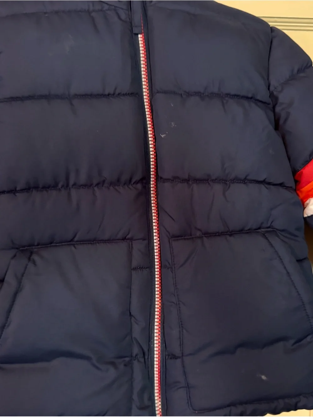 Children's Navy Puffer Jacket with Red Accent